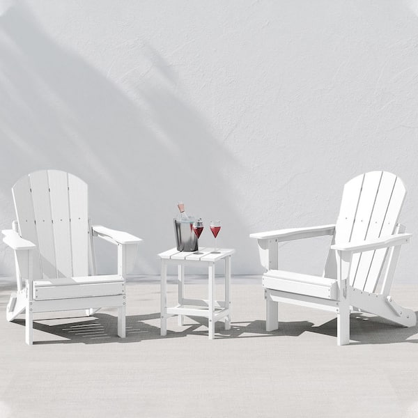Laguna 3-Piece Fade Resistant Outdoor Patio HDPE Poly Plastic Folding Adirondack Chair Set with Side Table in White