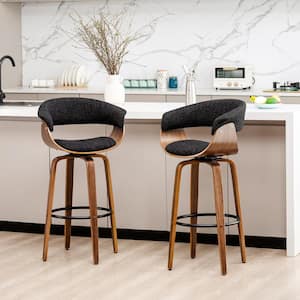 28 in. H Mid-Century Modern Black Fabric/Walnut Wood Swivel Chair Bar Stool (Set of 2)