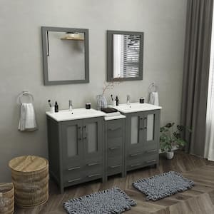 Brescia 60 in. W x 18.1 in. D x 35.8 in. H Double Basin Bathroom Vanity in Grey with Top in White Ceramic and Mirror