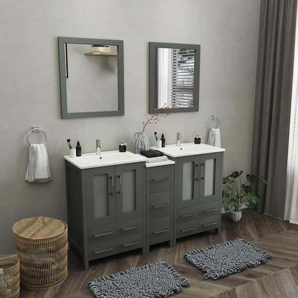 Brescia 60 in. W x 18.1 in. D x 35.8 in. H Double Basin Bathroom Vanity in Grey with Top in White Ceramic and Mirror