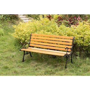 Wooden Outdoor Park Patio Garden Yard Bench with Designed Steel Armrest and Legs
