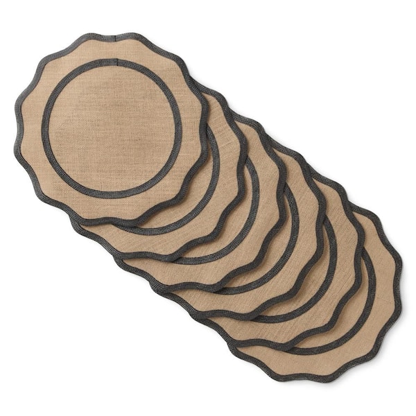 MARTHA STEWART Hessian Textured Wedge Border 15 in. x 15 in. Round Natural/Black Jute Placemat Set (6-Piece)