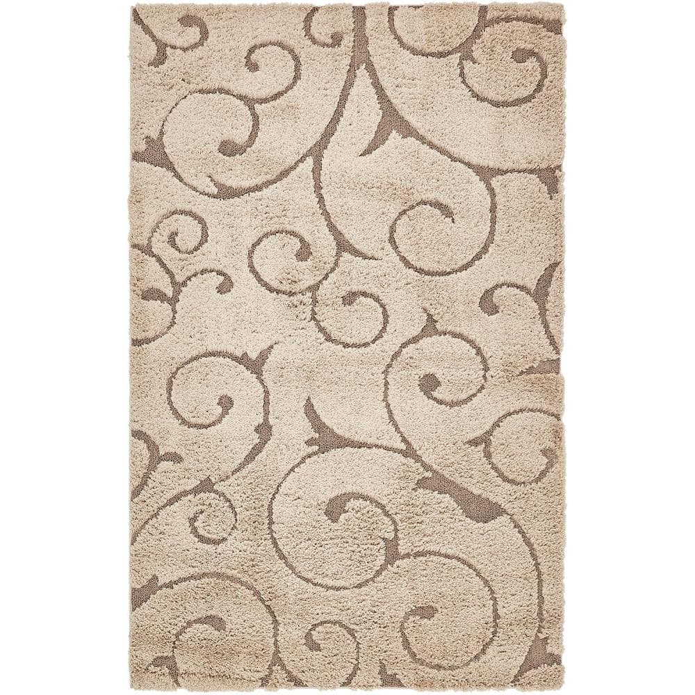 Light Brown Floral Shag Synthetic Area Rug 5' x 8'