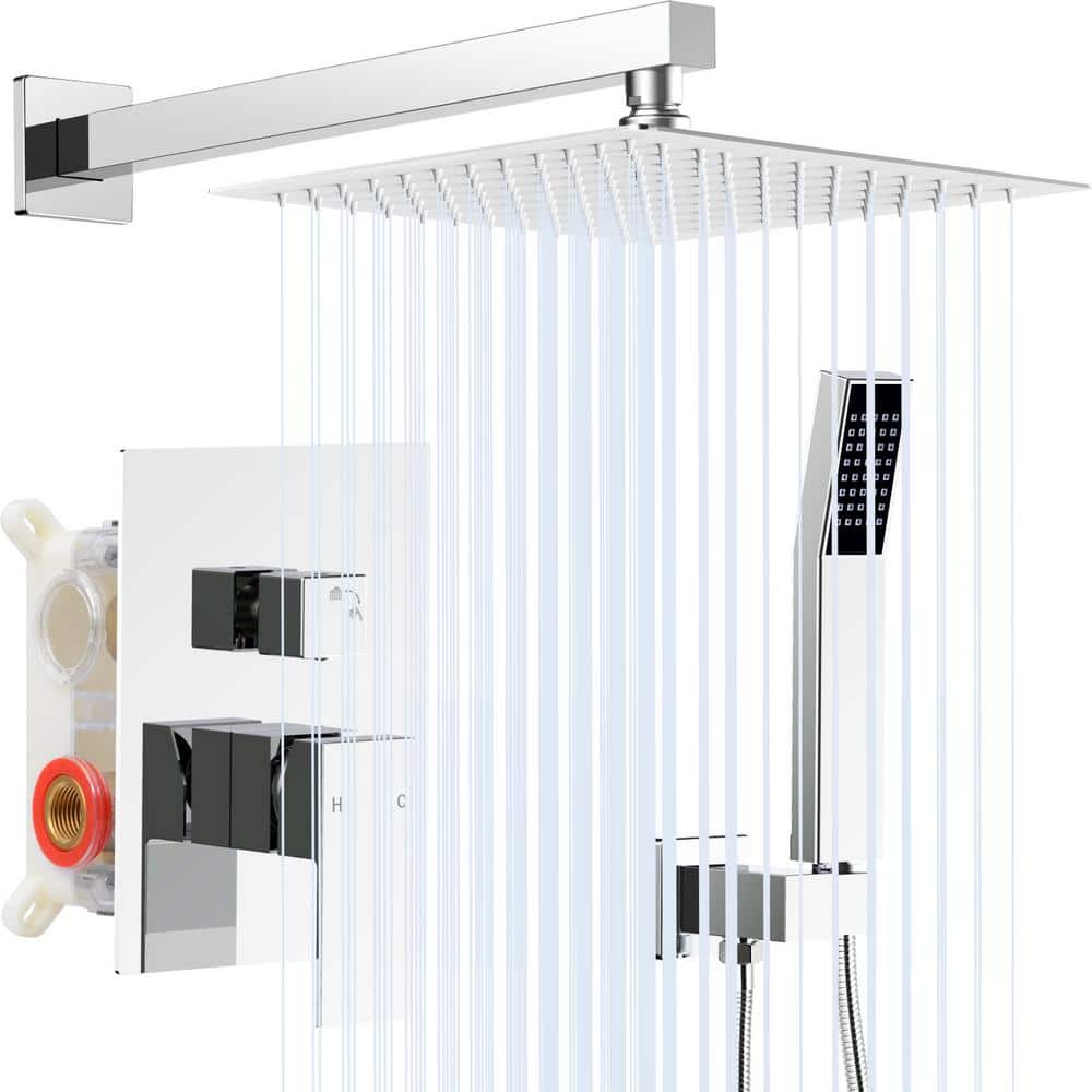 1-Spray Square High Pressure 12 in. Shower Head Wall Mounted Shower Kit wit