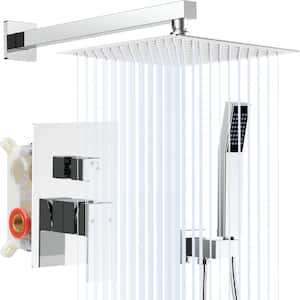 1-Spray Square High Pressure 12 in. Shower Head Wall Mounted Shower Kit with Brass Valve and Handheld Shower Chrome