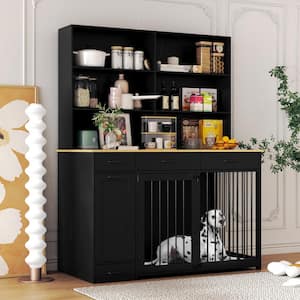 Wooden Dog Kennel Furniture Style Dog Crate Storage Cabinet, Dog Crate with Shelf and 3-Drawers, Drawer Dog Bowl, Black