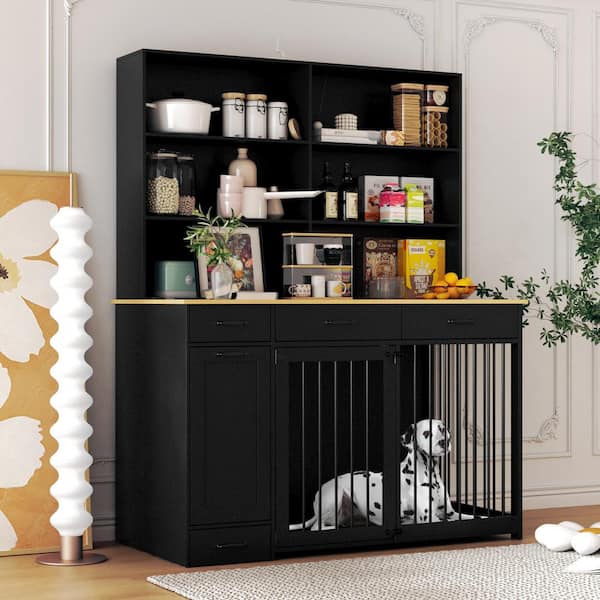 FUFU&GAGA Wooden Dog Kennel Furniture Style Dog Crate Storage Cabinet, Dog Crate with Shelf and 3-Drawers, Drawer Dog Bowl, Black