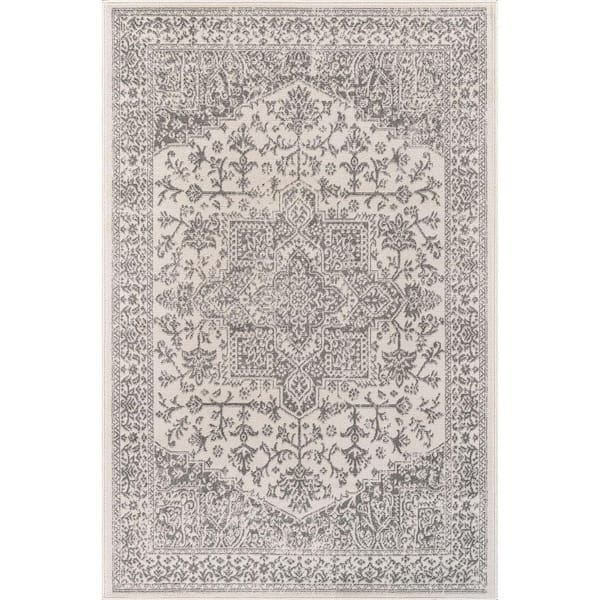 Athena Gray 9 ft. x 12 ft. Rubber Back Washable Oriental Border Indoor Outdoor Patio Area Rug