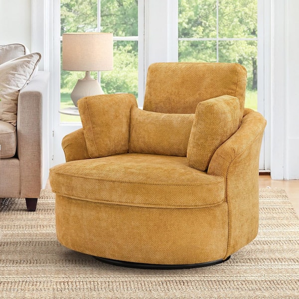 Cyris Oversized Ginger Chenille Upholstered Swivel Accent Chair with 3 Removable Pillows Barrel Chair