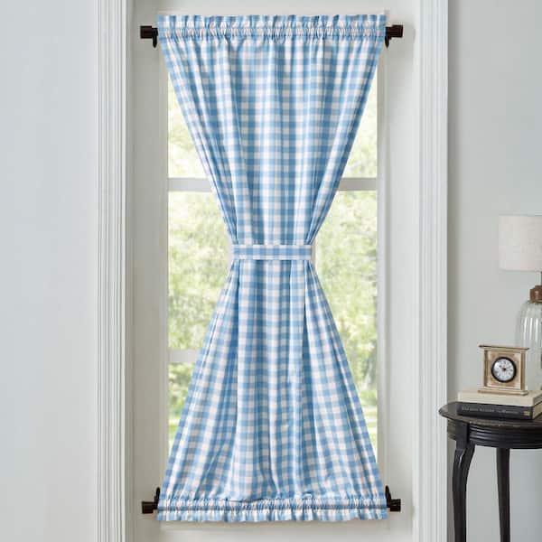 VHC BRANDS Annie Buffalo Check 40 in. W x 72 in. L Light Filtering Rod Pocket French Door Window Panel in Dusk Blue Soft White