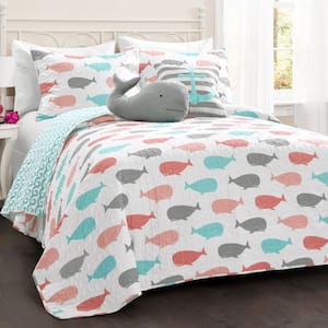 4-Piece Whale Pink/Aqua Twin Polyester Quilt Set