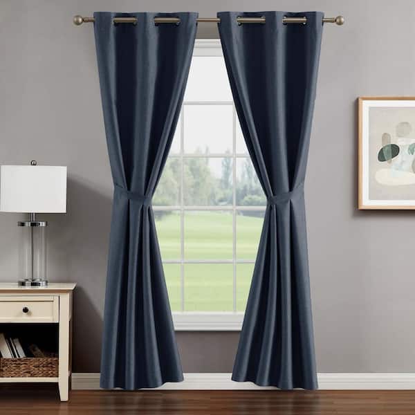 CREATIVE HOME IDEAS Legrae Insignia Blue 38 in. W x 96 in. L Grommet Blackout Tiebacks Curtain (2-Panels and 2-Tiebacks)