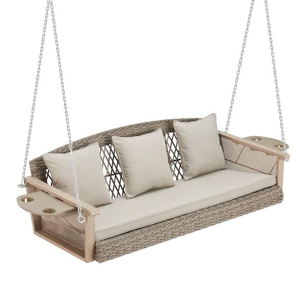3-Person 55 in. Wicker Porch Swing Bench with Cushions 900 lbs. Capacity Beige