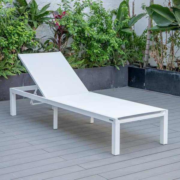 Leisuremod Marlin Outdoor Patio Chaise Lounge Chair in White Aluminum Reclining Backrest Mesh Sling Fabric Seat in White
