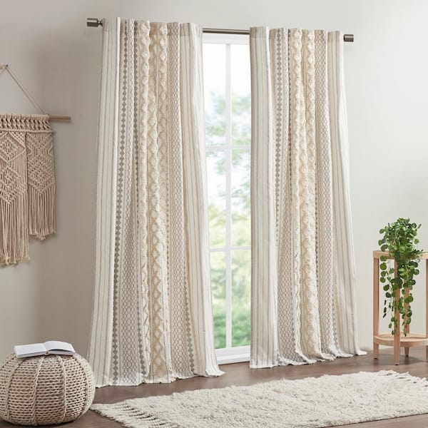 INK+IVY Imani Ivory 50 in. W x 84 in. L Cotton Printed Window Curtain with Chenille Stripe and Lining