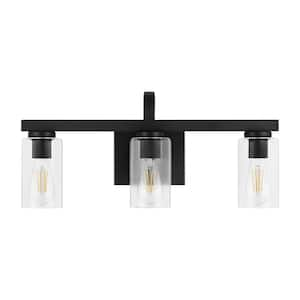 Kendall Manor 22 in. 3 Light Matte Black Bathroom Vanity Light with Clear Glass Shades