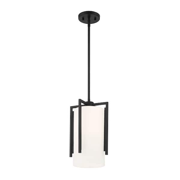 Cambria 60-Watt 1-Light Matte Black Modern Pendant Light with Etched Opal Glass Shade and No Bulbs Included