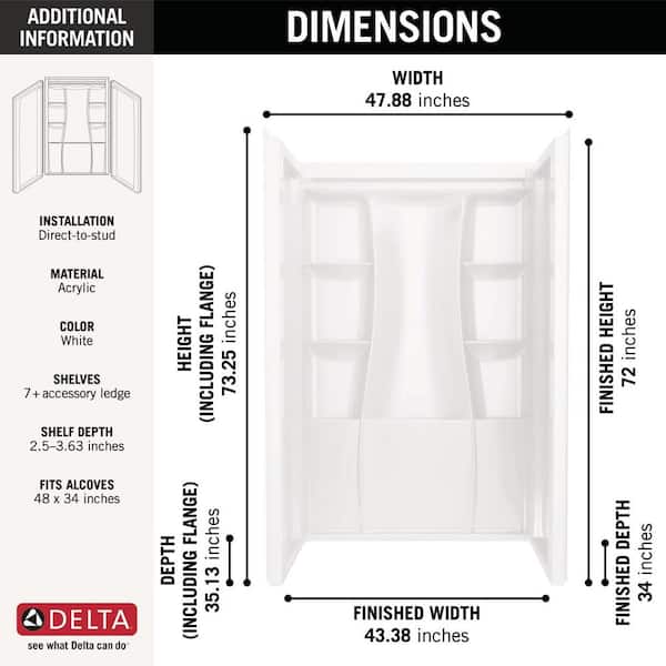 Classic 500 48 in. W x 73.25 in. H x 34 in. D 3-Piece Direct-to-Stud Alcove Shower Surrounds in High Gloss White