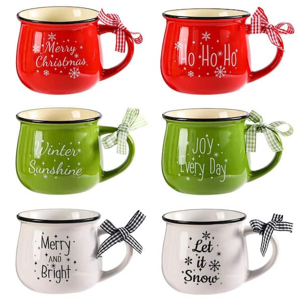 6-Piece Christmas Coffee Mugs Set for Holiday Drinks, 12 oz. Red Ceramic Holiday Mugs for Hot Cocoa, Home Office