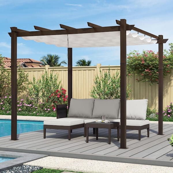 PURPLE LEAF 10 ft. x 10 ft. Bronze Aluminum Frame Outdoor Patio Pergola Gazebo with White Retractable Sun Shade Canopy for Beach