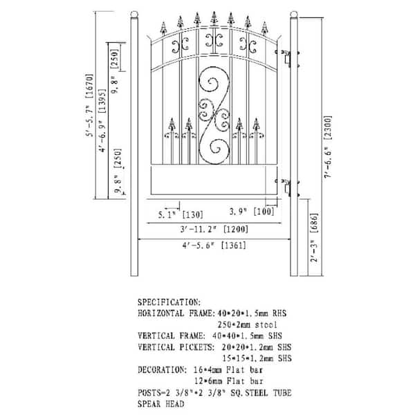 Venice Style 4 ft. x 5 ft. Black Steel Pedestrian Fence Gate