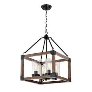 Carina 4-Light Antique Black Wooden Caged Glass Cylinders Chandelier for Living Room Kitchen with No Bulbs Included