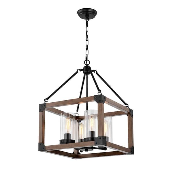 Jojospring Carina 4-Light Antique Black Wooden Caged Glass Cylinders Chandelier for Living Room Kitchen with No Bulbs Included