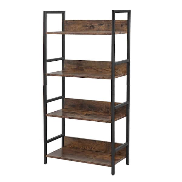 Hoffree 50 in. H Brown Black Wood Metal 4-Tiers Shelves Accent Bookshelf Storage Rack with Back Panel and Adjustable Foot Pads