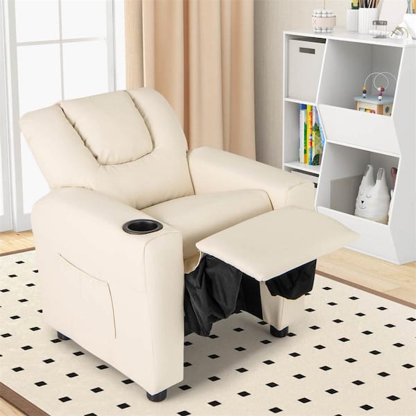 Beige Kids Recliner Chair with Cup Holder and Side Pocket Adjustable Backrest Footrest