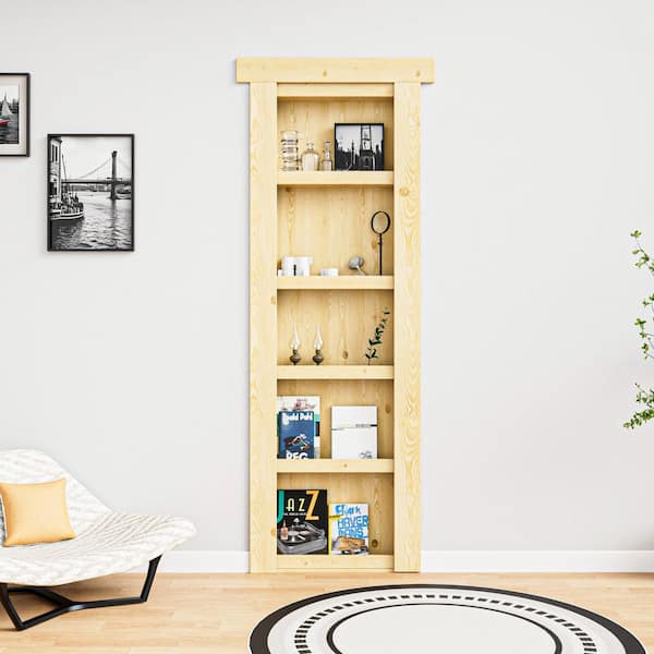 24 in. x 80 in. Assembled Universal/Reversible Solid Core Unfinished Wood 4-Shelf Flush Mount Hidden Bookcase Door
