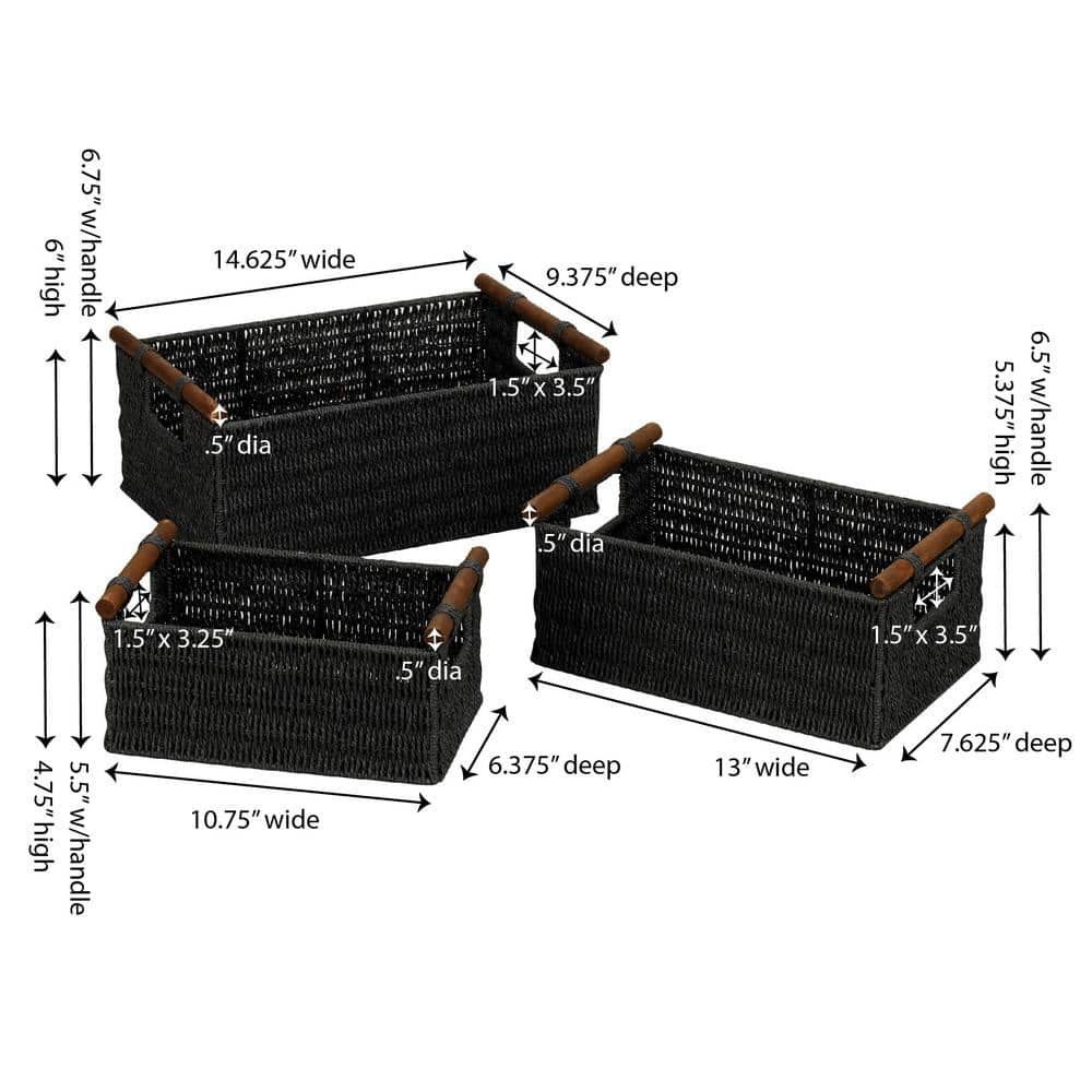 Black Handwoven Paper Rope Storage Baskets with Wood Handles, Set of 3
