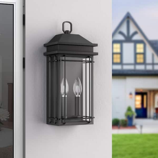 16 in. 2-Light Black Modern Dusk to Dawn Outdoor Metal Exterior Garage Front Porch Wall Lights Sconces Lighting Fixtures
