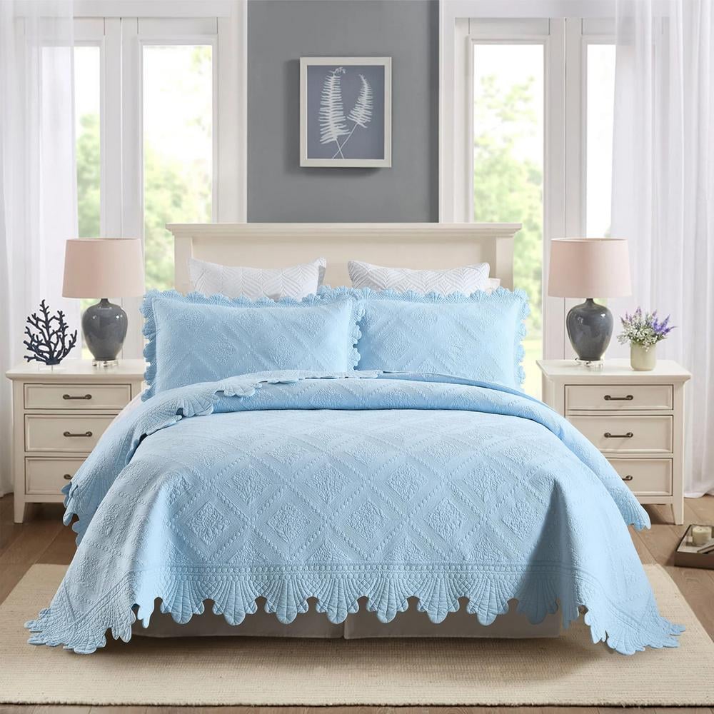 Light Blue Cotton Queen Reversible Bedspread Set