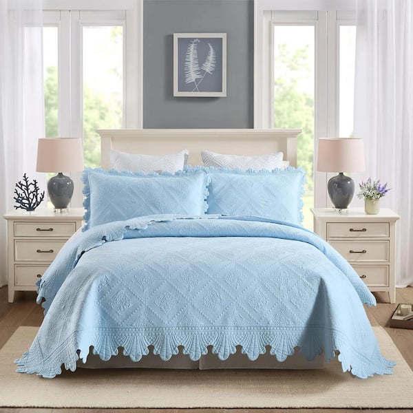 MarCielo TK61 Light Blue Floral Queen Size Cotton Oversized Bedspread Set Coverlet Set Lightweight Quilt Set