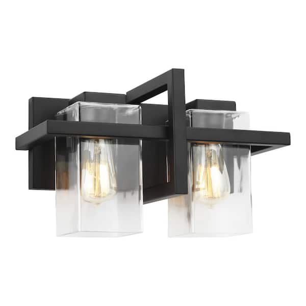 Generation Lighting - Mitte 15 in. 2-Light Matte Black Industrial Transitional Bathroom Vanity Light with Clear Glass Shade Panels