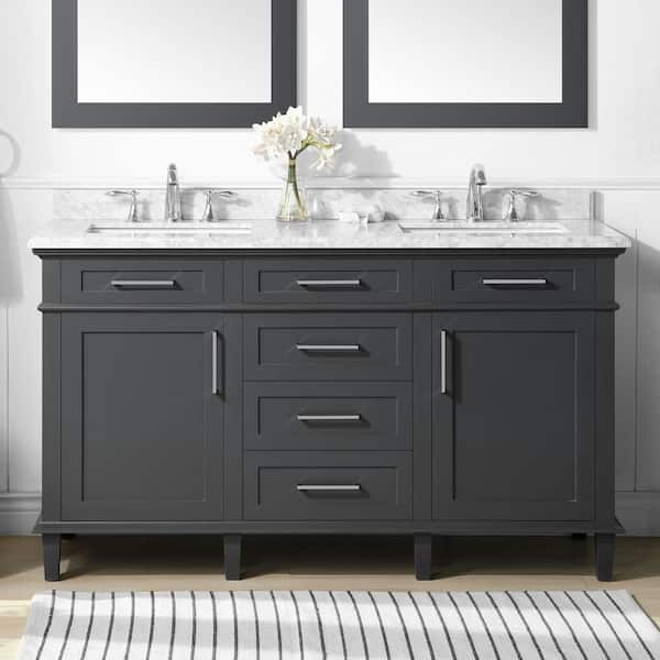 Home Decorators Collection Sonoma 60 in. Double Sink Freestanding Dark Charcoal Bath Vanity with Carrara Marble Top (Assembled)