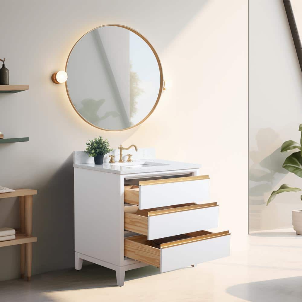 White and Gold 36" Freestanding Bathroom Vanity with Engineered Marble Top