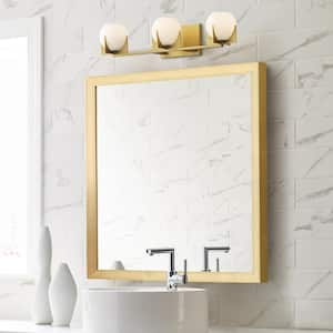 Abbott 24 in. 3-Light Burnished Brass Mid-Century Modern Wall Bathroom Vanity Light with Round Milk Glass Shades