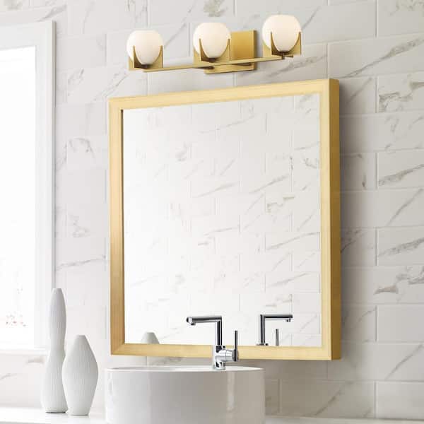 Abbott 24 in. 3-Light Burnished Brass Mid-Century Modern Wall Bathroom Vanity Light with Round Milk Glass Shades