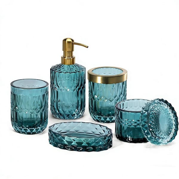 6-Piece Clear Glass Bathroom Accessory Set in Ocean Teal Blue, Contemporary Modern Decor Crystal Vintage Gift