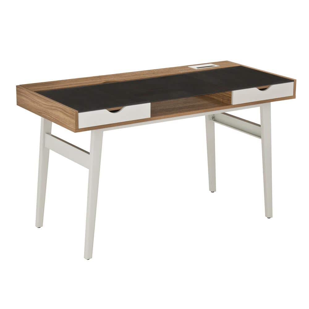 Modern Black Glass and Walnut Computer Desk with Storage