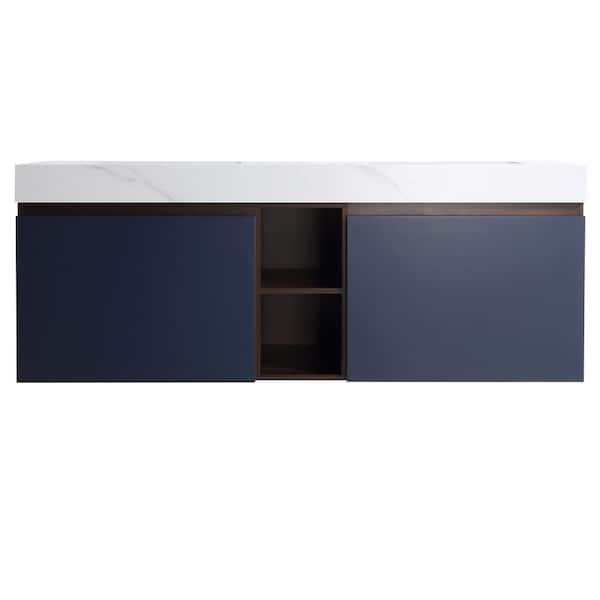 CASAINC 60 in. W x 22 in. D x 19 in. H Bath Vanity in Navy Blue, with White Engineered Stone Top, Double Ceramic Undermount Sink