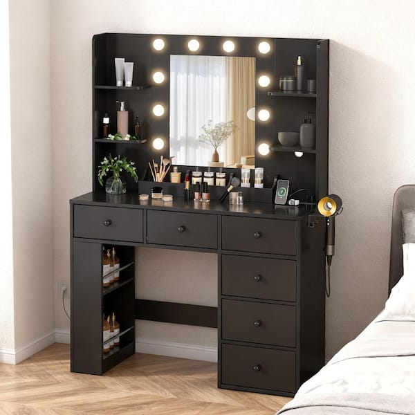 1-piece Black Particle Board Makeup Vanity Table with Dimmable Light Bulbs 6-Drawer 3-Compartment Left-Right 2-Tier Rack
