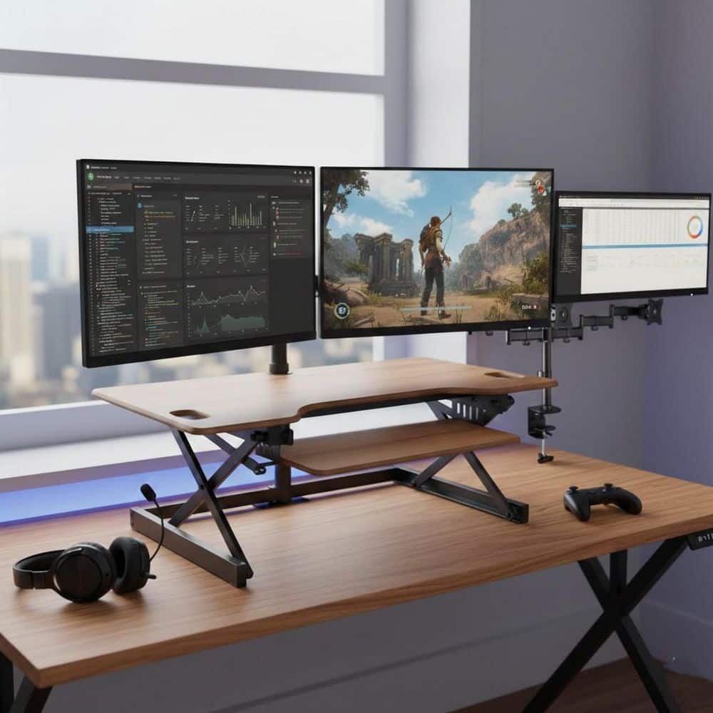 46 in. W Beige Height Adjustable Standing Desk Converter with Triple Monitor Mount and Deep Keyboard Tray price history on PriceWatchPro