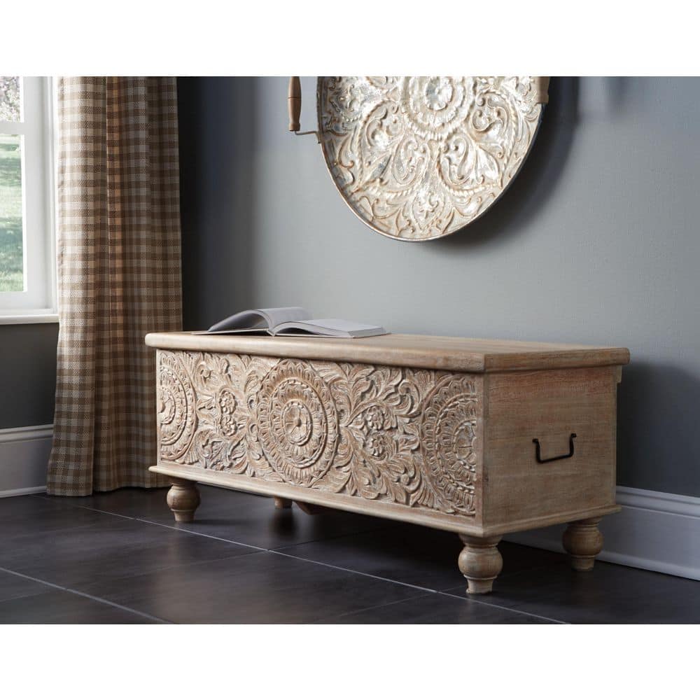 Fossil Ridge Beige Solid Wood Storage Bench with Hand Carved Medallion