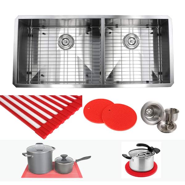 Kingsman Hardware Undermount 42 in. x 20 in. x 10 in. Deep Stainless Steel 16-Gauge Double Bowl 60/40 Zero Radius Kitchen Sink Combo