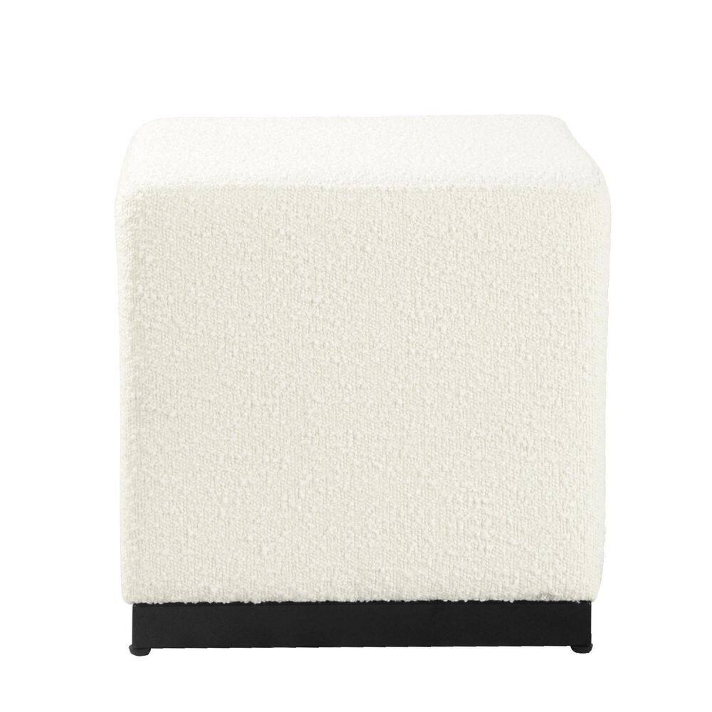 Cream Boucle Cube Ottoman with Black Metal Base