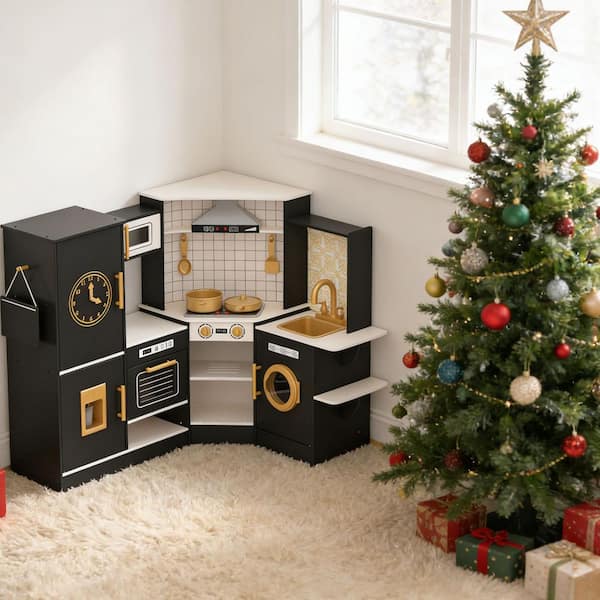 Corner Kids Wooden Kitchen Playsets Play Kitchen, Space-Saving Pretend Playset for Toddlers 3+ with Lights & Sounds