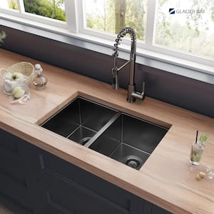 Gunmetal Black Stainless Steel 31 in. 18-Gauge Undermount Double Bowl Kitchen Sink with Black Spring Neck Faucet