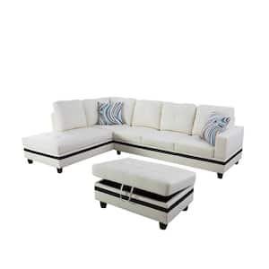 74.5in. W Square Arm 3-Piece Faux Leather L Shaped Sectional Sofa in White with Ottoman